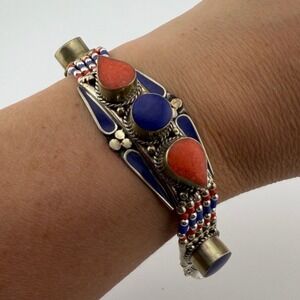 Vintage Tribal Lapis Lazuli Coral Beaded Bracelet Silver Tone Boho Ethnic